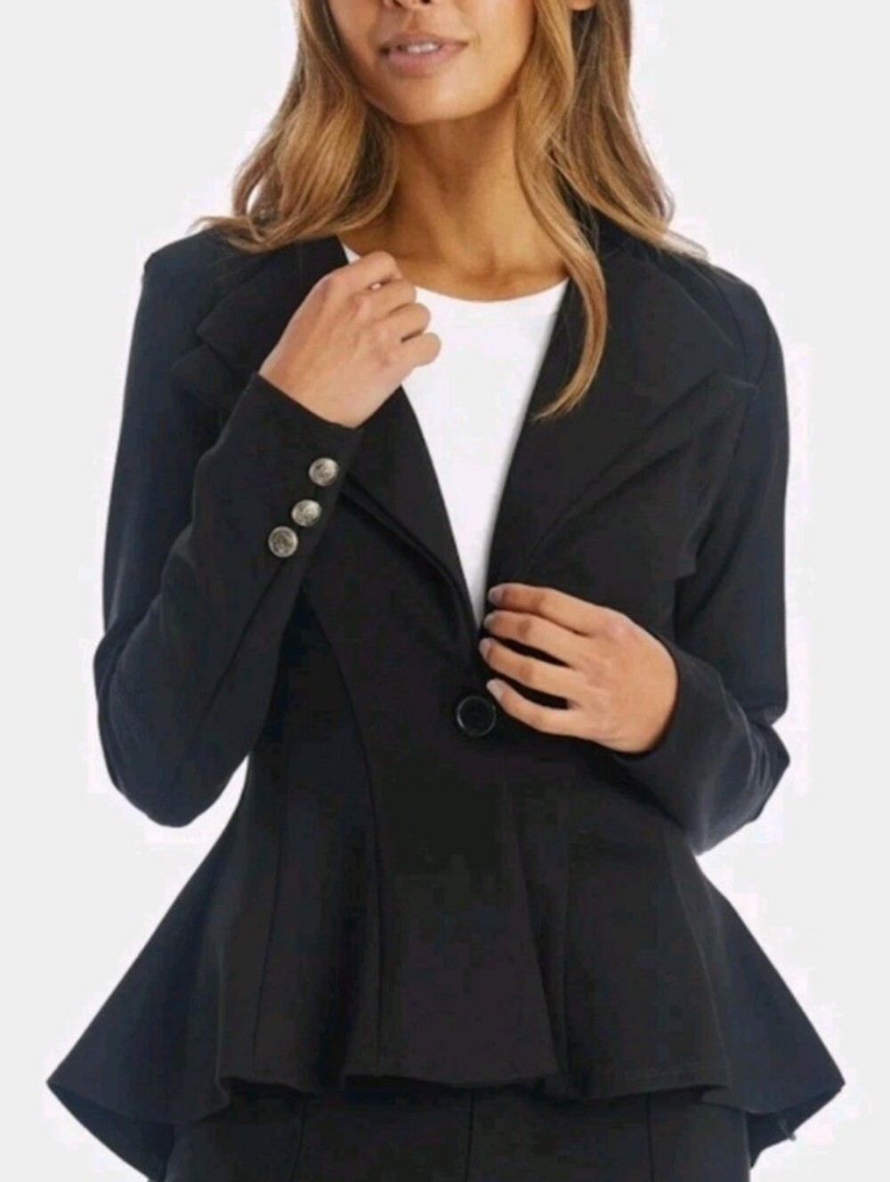 EUC•Noir Black Double Notch Peplum Blazer Fitted Ruffle Collar Silver Buttons